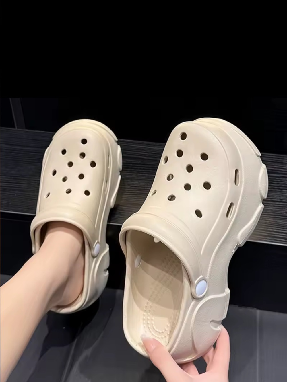 New bone/ beige beach plastic clogs sandals waterproof flatforms slip ons